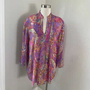 Lauren Ralph Lauren Womens Plus 1X Tunic Top Blouse Purple Paisley Silk Metallic